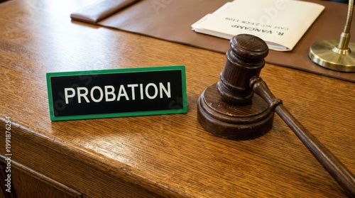 A wooden gavel and probation sign rest on a legal desk