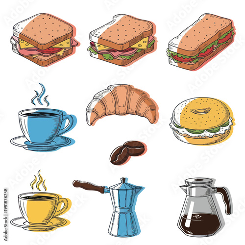 Hand-drawn breakfast set: coffee, croissants, sandwiches, bagel, moka pot