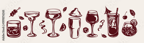 Hand drawn alcohol cocktail bar doodle set with wine glass, cocktail glass, mojito and party drink. Vector illustration.