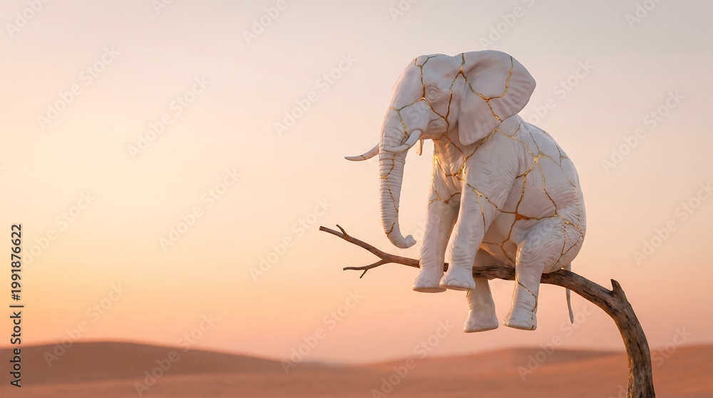 Fototapeta premium Porcelain kintsugi elephant on a thin branch in a desert at dawn, surreal concept for fragility, resilience, and beauty in imperfection for luxury branding.