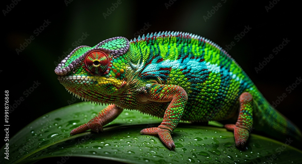 Fototapeta premium Chameleon Changing Color on Leaf with Dramatic Lighting