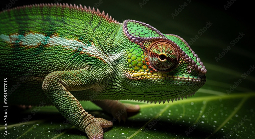 Fototapeta premium Chameleon Changing Color on Leaf with Dramatic Lighting