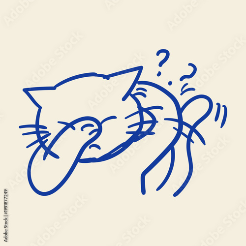 Embarrassed Cat Covering Face Doodle Illustration Confused Kitty Awkward Reaction Cute Pet Sketch Design