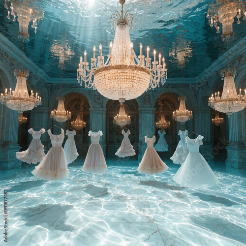 Surreal Underwater Ballroom with Floating Vintage Dresses and Elegant Crystal Chandeliers