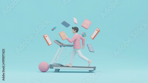 AI-Generated illustration of a character running on a treadmill surrounded by floating icons, symbolizing fake productivity, busy work, digital distraction, and the illusion of progress in modern life