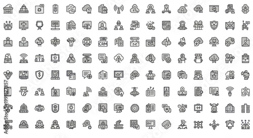 Comprehensive collection of security and protection line icons for digital and print media.