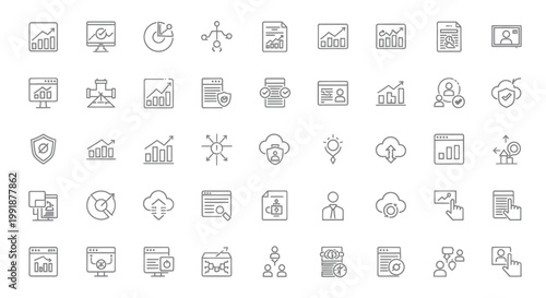Data analytics and cloud computing line icons set.