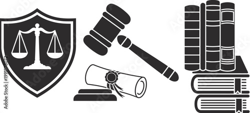 Law and justice symbols icon set featuring gavel, scales of justice, legal balance symbols, courtroom elements, and professional judiciary line art for legal services