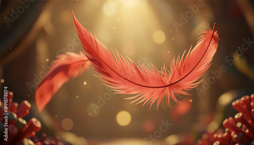 Autumn nature illustration of red and yellow maple leaves and flowers with a bird plume design in a floral vector art style