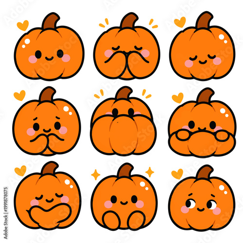 cute bashful pumpkin doodle character set