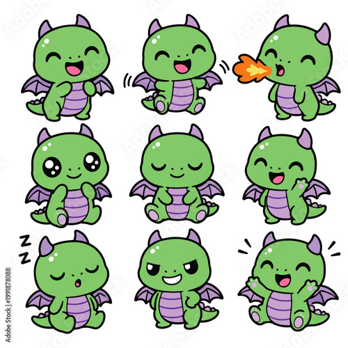 cute baby dragon doodle character set