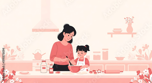 Mother and daughter happily baking cookies together in a cozy kitchen illustration