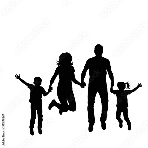 Silhouette of happy family jumping together.