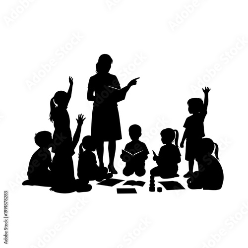 Silhouette of children and teacher interacting.