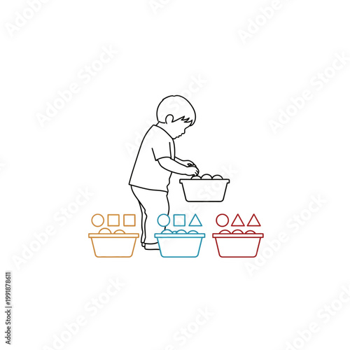Child playing with colorful shape buckets.