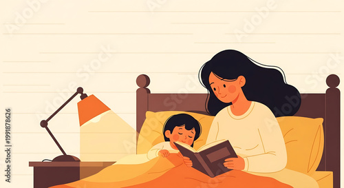 Mother reading a bedtime story to her child in bed under the warm glow of a bedside lamp illustration