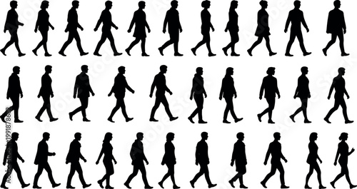Sequence of black walking silhouettes arranged in rows, illustrating diverse human gait, posture variation, clothing outlines, and pedestrian lifestyle reference