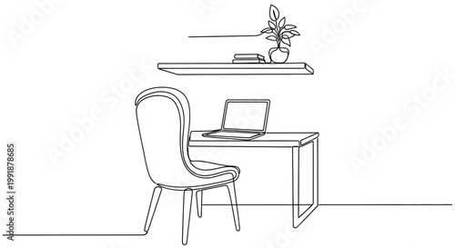 Desk with laptop and office chair.