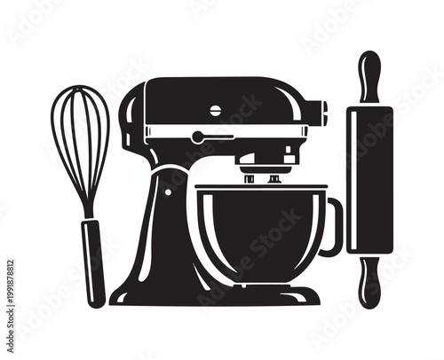 Kitchen Mixer Action with Whisk and Rolling Pin Cooking Tools Graphic Illustration Black and White