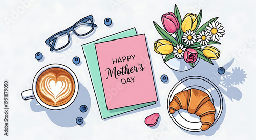 Happy Mother's Day Card with Coffee, Flowers, and Pastries - A Delightful Morning Celebration