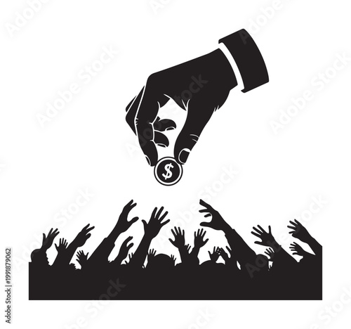 Hand Giving Coin to Reaching Hands Representing Charity and Financial Support Graphic Illustration
