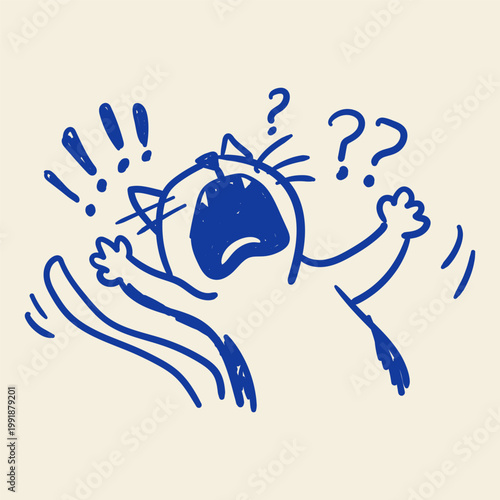 Panicking Cat Screaming Doodle Illustration Shocked Kitty Confused Reaction Cute Pet Sketch Design