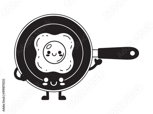 Cooking Cute Fried Egg Cartoon Character in Kitchen Pan Illustration, Graphic Design, Front View, Fun Food Concept