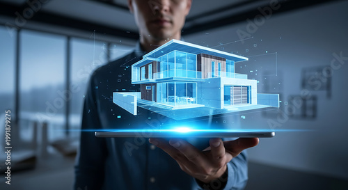Smart Home innovation technology and System for house Automation Control Concept. Man holding small home model with virtual display as assistant house remote control, Businessman holding a tablet