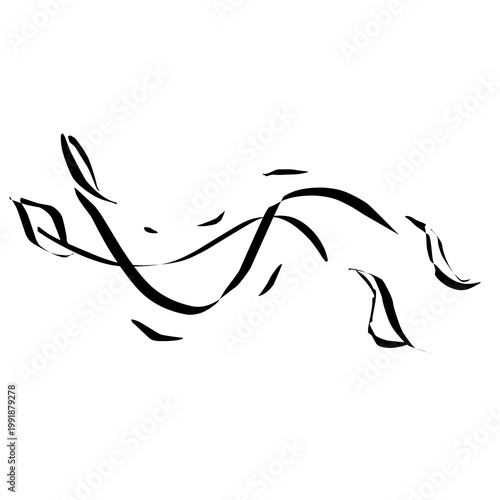 Minimalist Black Ink Sketch of Flowing Wavy Lines with Loose Leaves. 