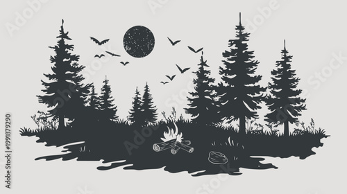 Silhouette illustration of a forest scene with a bonfire under a moonlit sky