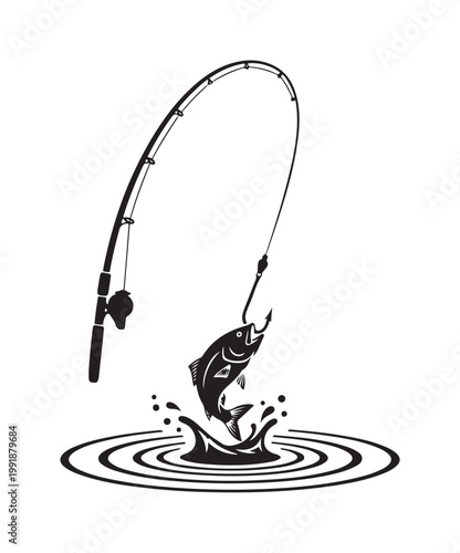 Fishing action with fish caught on rod and hook over water ripple in black and white illustration