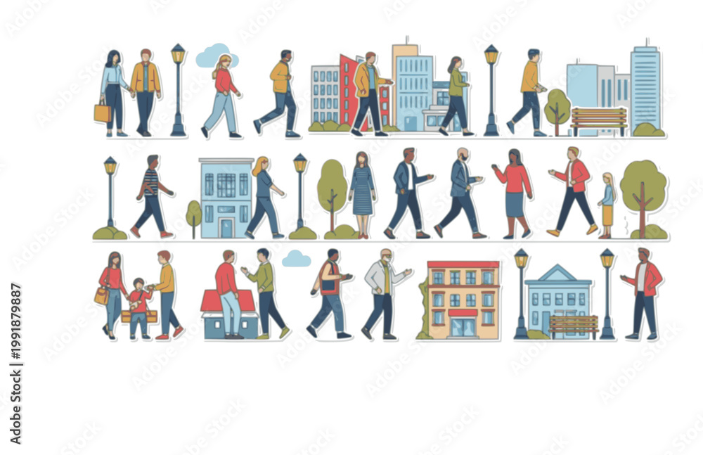 Obraz premium Cityscape Urban Landscape Sticker Set. Flat Vector Figures Walking, Standing, and Talking for Diverse Community.