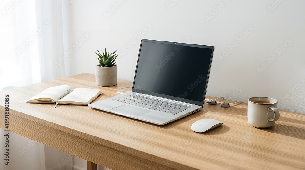 Fototapeta premium Modern Minimalist Workspace with Laptop and Coffee on Wooden Desk