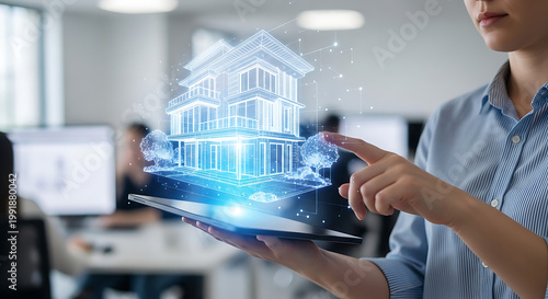 Smart Home innovation technology and System for house Automation Control Concept. Man holding small home model with virtual display as assistant house remote control, Businessman holding a tablet