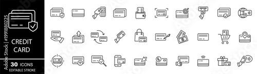 Credit card icon set. Electronic payment. Containing payment, accepted, secure, money, contactless, ATM, wallet. Credit cards.