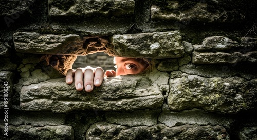Scared Human Eye Looking Out From Dark Stone Wall