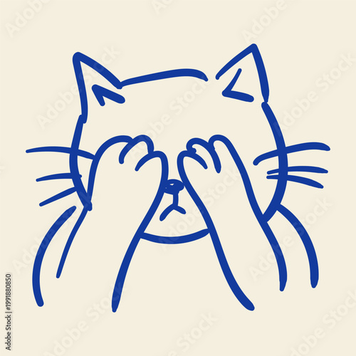 Crying Cat Covering Face Doodle Illustration Sad Shy Kitty Emotional Reaction Cute Pet Sketch Design
