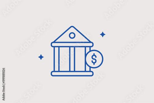 Bank building with dollar sign line icon for physical banking branches and central treasury institutions. Stately Vector Illustration for mortgage lender websites and national economy news reports.