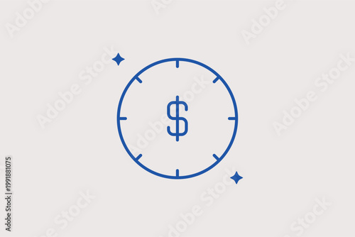 Analog clock with dollar sign line icon for time-based earnings and investment maturity. Temporal Vector Illustration for project billing apps and long-term financial planning guides.