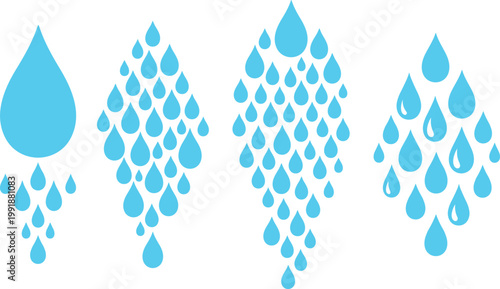 Vector set of cascading rain drops, Silhouette set of water splash icons, vertical liquid droplet arrangements, Summer illustration design