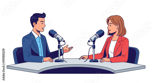 Two people talking at a desk with microphones.