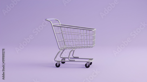 A shopping cart isolated on a soft purple background, ideal for e-commerce or retail concepts. 