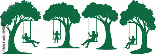 Vector set of children on tree swings, Silhouette set of garden play silhouettes, peaceful outdoor childhood activity icons, Summer illustration design