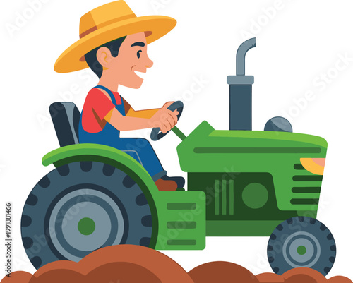A cheerful farmer operates a green tractor while cultivating the land