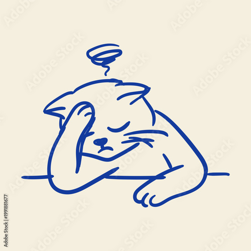 Headache Cat Facepalm Doodle Illustration Stressed Kitty Tired Mind Cute Pet Sketch Design