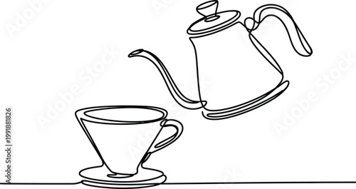 A whimsical drawing of a teapot pouring into a saucer-like cup