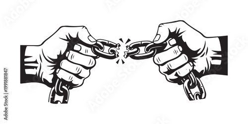 Breaking Chains Concept Illustration, Human Hands, Symbolic Freedom, Graphic Art, Isolated Background, Close-up View