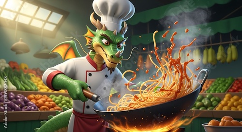 Funny Green Dragon Chef Cooking Pasta with Spicy Sauce in Kitchen