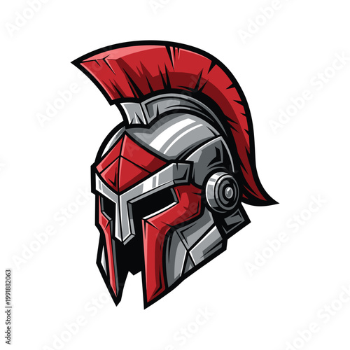 Red and silver ancient Greek warrior helmet.