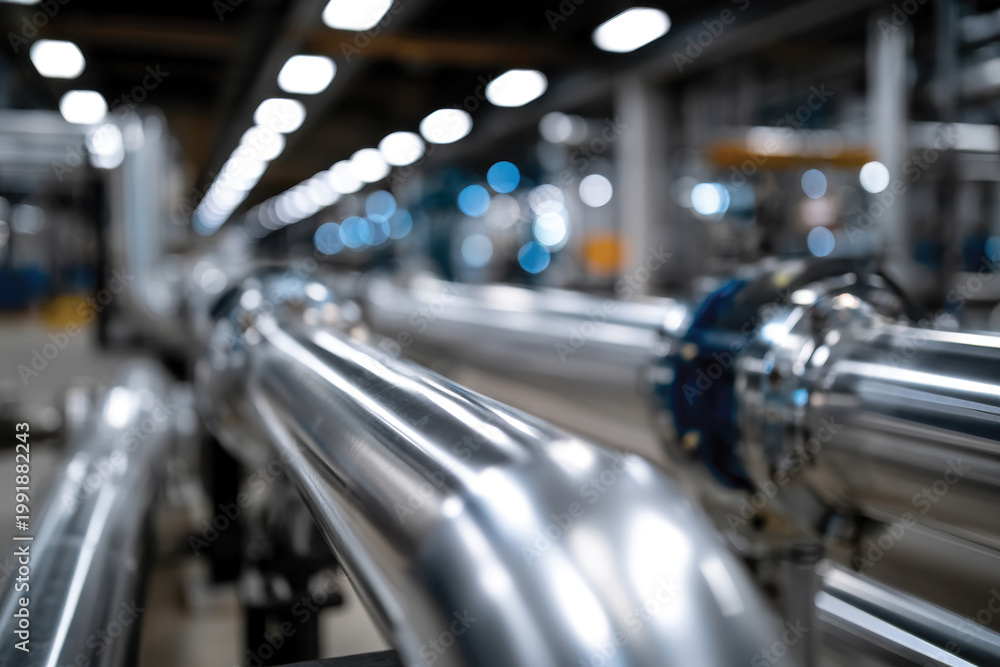 Fototapeta premium This image showcases a close-up of shiny metal pipes inside a factory, emphasizing modern industrial design and intricate craftsmanship prevalent in manufacturing spaces.